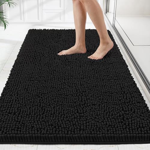 Bathroom Rugs Mat 72 x 24, Thick Soft Absorbent Chenille Bath Rugs, Rubber Backing Bath Mats for Bathroom Floor, Tub, Shower, Bedroom, Home Decor Accessories, Quick Dry Machine Washable, Black - color: Black, size: 72" x 24"