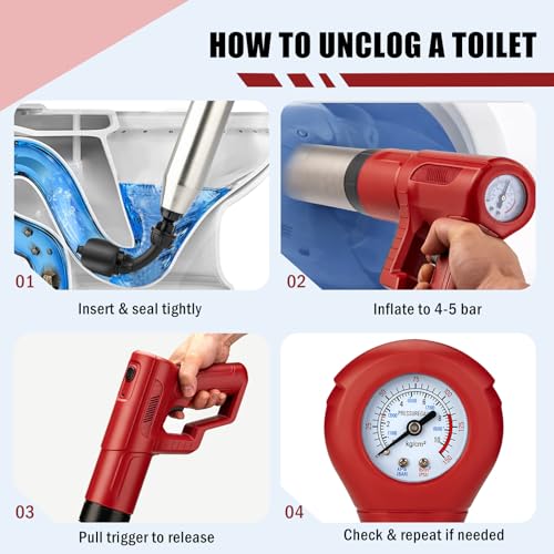 Electric Toilet Plunger Anti-Splash Clog Remover for Bathroom | High Pressure Powerful Drain Unclogger for Shower & Floor Drains, Red - color: Red