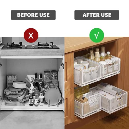 Sliding Cabinet Basket Organizer Drawer Self Adhesive Slide out Pantry Shelves Heavy Duty Carbon Steel Slide Cabinet Storage Basket with Handle for Bathroom Kitchen Home - size: Medium