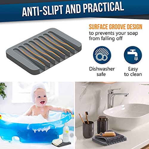 ZAPPOWARE 2-Pack Silicone Soap Dish with Drain - Bar Soap Holder for Shower & Bathroom Sink - Self Draining Waterfall Soap Saver Tray for Kitchen, Prevents Sticky Mess, Easy to Clean (Gray) - color: Gray