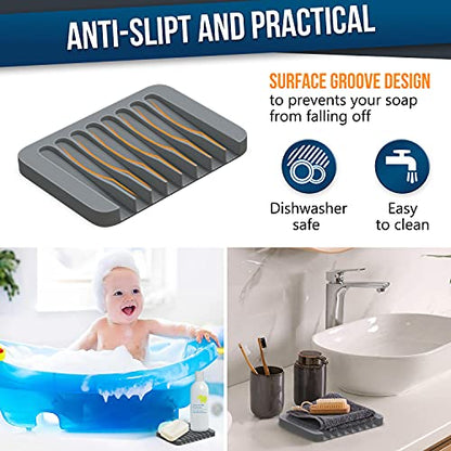 ZAPPOWARE 2-Pack Silicone Soap Dish with Drain - Bar Soap Holder for Shower & Bathroom Sink - Self Draining Waterfall Soap Saver Tray for Kitchen, Prevents Sticky Mess, Easy to Clean (Gray) - color: Gray