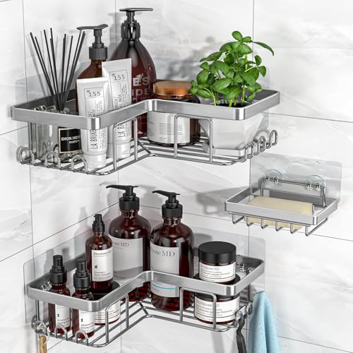 YASONIC Corner Adhesive Shower Caddy, with Soap Holder and 12 Hooks, Rustproof Stainless Steel Bathroom Organizer, No Drilling Wall Mounted Rack, Brushed Silver, 3-Pack - color: Silver