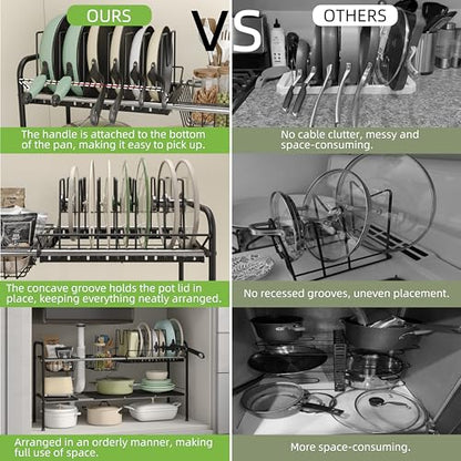 Expandable Under Sink Organizer，Pot and pan Organizer Under Cabinet | Pan Lid Organizer,Expandable Storage shelf with Pan Rack（7 Dividers）,2 Baskets and 4 Panels,Adjustable partition height - size: Multi-functional with pot holder
