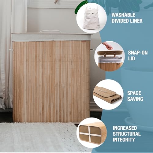 CleverMade Bamboo Double Laundry Hamper LUXE, 103L, Natural Bamboo Hamper | Sort Laundry as You Go with Dual Removable Liners | Lift Each Bag to the Washer and Keep Clothes Hidden Under the Lid - size: Double