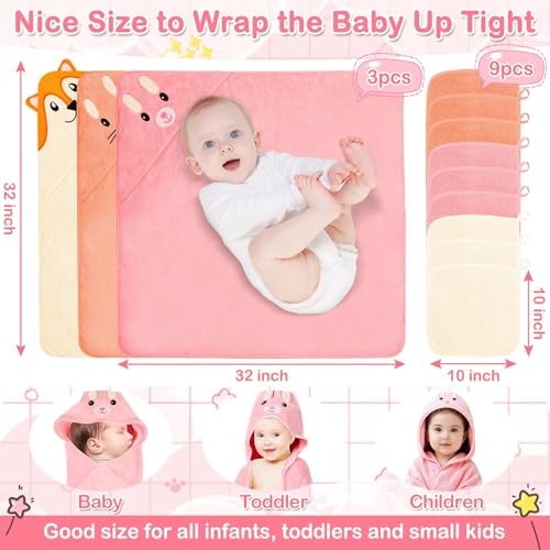 Sublaga 31x31 Inch Baby Hooded Towels, 12Pcs Baby Towels and Washcloths Set, Soft and Absorbent Baby Bath Towels, 3 PCS Cute 32x32 in Baby Towel with Hood and 9 Pcs Baby Washcloths for Boys and Girls - color: Pink Bunny, Orange Kitten, White Fox