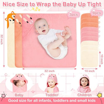 Sublaga 31x31 Inch Baby Hooded Towels, 12Pcs Baby Towels and Washcloths Set, Soft and Absorbent Baby Bath Towels, 3 PCS Cute 32x32 in Baby Towel with Hood and 9 Pcs Baby Washcloths for Boys and Girls - color: Pink Bunny, Orange Kitten, White Fox