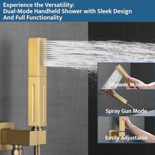 Thermostatic Shower System Brushed Gold, Push Button Diverter Shower Faucet with 2 in 1 Handheld, Ceiling Mount 12 Inch Shower Head with 6 Inch Wall Mount Shower Head - color: Brushed Gold, style: 12 Inch