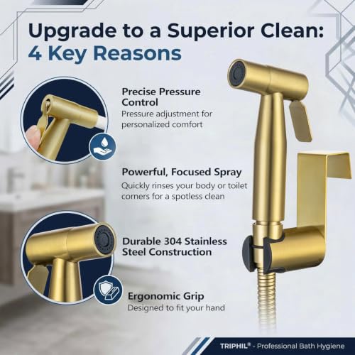 TRIPHIL Handheld Bidet Sprayer for Toilet, Adjustable Water Pressure Jet Bidet Attachment with Leak-Proof 304 Stainless Steel T-Valve for Bathroom Cleaning, Cloth Diaper/Feminine Wash, Brushed Gold - color: Brushed Gold
