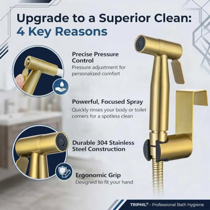 TRIPHIL Handheld Bidet Sprayer for Toilet, Adjustable Water Pressure Jet Bidet Attachment with Leak-Proof 304 Stainless Steel T-Valve for Bathroom Cleaning, Cloth Diaper/Feminine Wash, Brushed Gold - color: Brushed Gold