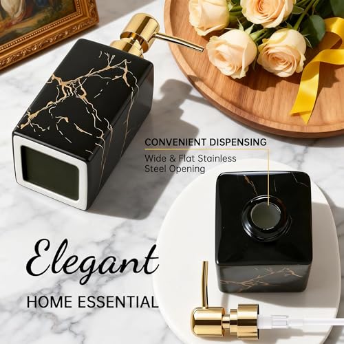 Black Ceramic Soap Dispenser with Gold Stripes, Refillable Hand Soap Dispenser for Bathroom Countertop & Kitchen Sink, Modern Square Lotion Pump Bottle for Dish Soap, Hand Soap & Lotion, 10oz - color: Black Gold