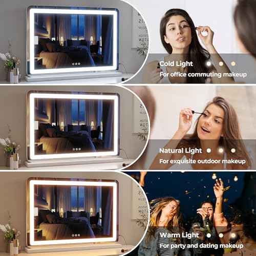 ZL ZELing Vanity Mirror with Lights, 32" x 23", LED Makeup Mirror, Dimmable 3-Color Lighting, 5X Magnification, Touch Screen Control, Wall-Mountable and Tabletop Design - color: White-3223 Led Light