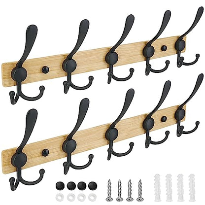 TICONN Wall Mounted Coat Rack, Five Heavy Duty Tri Hooks All Metal Construction for Jacket Coat Hat in Mudroom Entryway (Wood Black, 2-Pack) - color: Wood Black