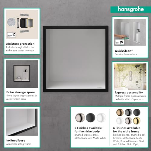 hansgrohe XtraStoris Individual Recessed Wall Niche Matte White with Design Frame 12"x 12"x 4" in Brushed Black Chrome, 56099340 - color: Brushed Black Chrome