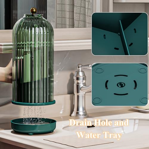 Drainable Toothbrush Toothpaste Holders with Cover, Green | Drainage Holes, Waterproof and Dustproof, 360° Rotating Base, Sliding Door, for Bathroom Counter - color: Green
