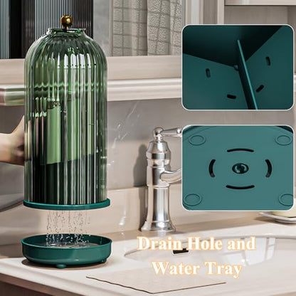 Drainable Toothbrush Toothpaste Holders with Cover, Green | Drainage Holes, Waterproof and Dustproof, 360° Rotating Base, Sliding Door, for Bathroom Counter - color: Green