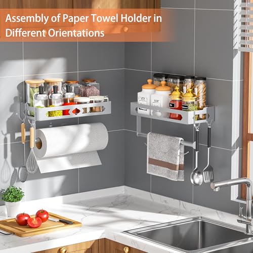 Wall Mount Paper Towel Holder with Shelf for Bathroom Kitchen,Silver 2Hooks | Metal Spice Rack, Easy One-Hand Tear Design Mounted Hanging Hand Paper Towel Roll Holder for RV, Home(Self Adhesive or Drill) - color: Silver