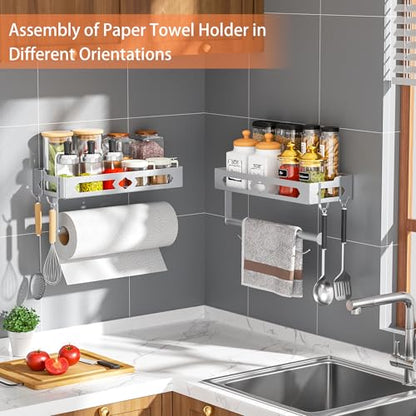 Wall Mount Paper Towel Holder with Shelf for Bathroom Kitchen,Silver 2Hooks | Metal Spice Rack, Easy One-Hand Tear Design Mounted Hanging Hand Paper Towel Roll Holder for RV, Home(Self Adhesive or Drill) - color: Silver
