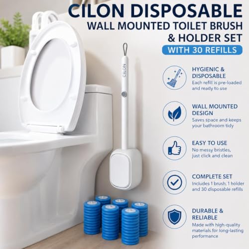 CiLoN 30 Pack Disposable Toilet Bowl Brush & Holder Set with Auto-Open Lid | Wall-Mounted Disposable Toilet Cleaning Set For Touch-Free Space-Saving Hygienic Modern Bathrooms (Starter Kit + 30 Sponge) - size: Starter Kit + 30pcs Refill Heads