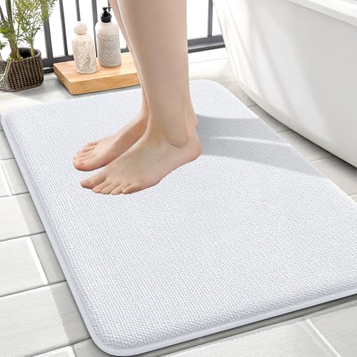 OLANLY Memory Foam Small Bathroom Rugs 24x16, Absorbent Bath Mat, White | Soft Quick Dry Bath Rugs, Non-Slip Carpet, Machine Washable Mat for Bathroom Floor, Tub and Shower, Home Decor Accessories - color: White, size: 24" X 16"