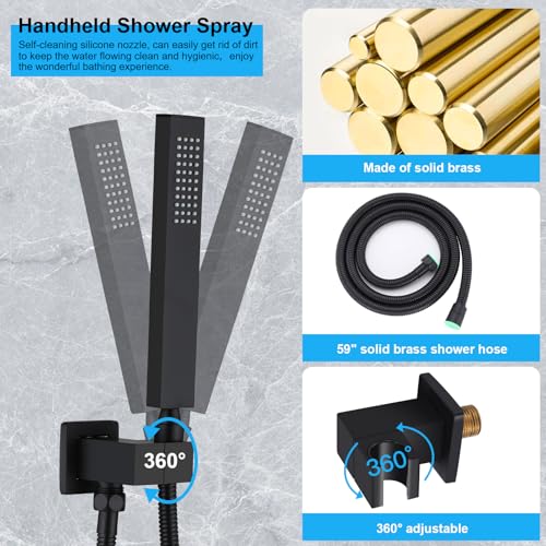 Matte Black Shower Faucet Set, Rainfall Bathroom Shower System Fixture 10 Inch High Pressure Square Rain Shower Head with Handheld Sprayer Combo Wall Mount with cUPC Certified Rough-in Valve - color: Black, style: 10"
