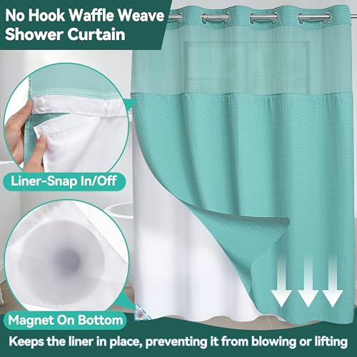 Conbo Mio No Hook Green Waffle Weave Shower Curtain with Snap in Liner Set, Hotel Luxury Shower Curtains for Bathroom with See Through Top Window, Waterproof, Washable 71W x 74H - color: Waffle-green, size: 71"W x 74"L (Pack of 1)