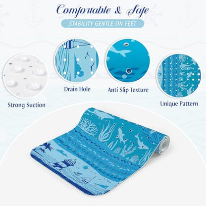 SHUCHING Blue Bath Mat for Tub Non Slip-40x16 Inch, Ocean | Bathtub Mat Mold Free, Long Shower Mat for Inside Shower with Suction Cup, Machine Washable - color: Ocean
