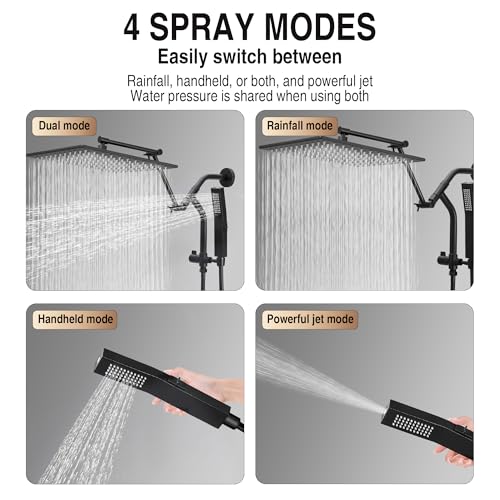 All Metal 12 Inch Rain Shower Head with Handheld Built-in Power Wash Mode, High Pressure Waterfall Rainfall Square Shower Heads with 16" Adjustable Extension Arm, Dual Showerhead, Matte Black - color: Matte Black, size: 12 Inch