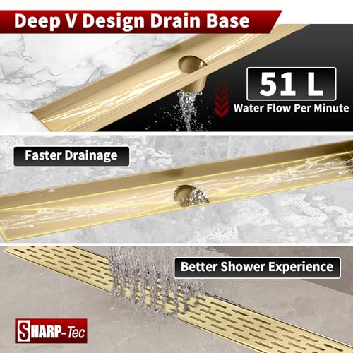 Sharp-tec Shower Drain, 28 inch Linear Shower Drain, Gold 304 Stainless Steel Rectangular Shower Floor Drain with Adjustable Leveling Feet, Hair Strainer, cUPC Certified, ST-096-28G - color: Gold, size: 28 inch
