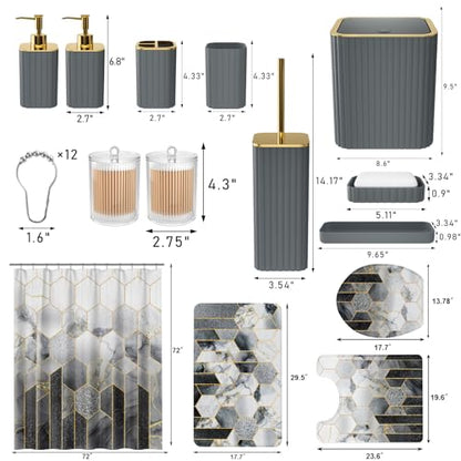 XLHOMO Bathroom Set - 26PC Bathroom Set with Shower Curtain and Rugs, Bathroom Accessory Set, Grey Bathroom Accessories Set, Trash Can & Soap Dispenser - style: Grey&Gold