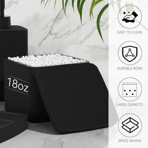 Matte Black Bathroom Accessories Set 5 Pieces, Resin Toothbrush Holders Set Complete with Soap Dispenser, Toothbrush Holder, Vanity Tray, Bathroom Tumbler and Qtip Holder for Small Spaces - size: 5 Pcs Bathroom Set, style: Black