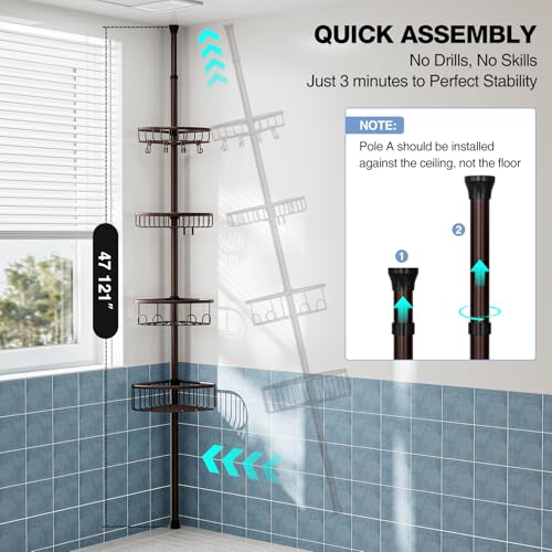 Corner Shower Caddy Tension Pole: Stainless Steel Rustproof 4-Tier Shower Organizer - 47-121 inch Adjustable Bathroom Shelves for Bathtub Shampoo Storage - Tension Rod Floor Standing Bath Rack -Bronze - style: A Style-Bronze