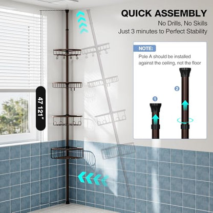 Corner Shower Caddy Tension Pole: Stainless Steel Rustproof 4-Tier Shower Organizer - 47-121 inch Adjustable Bathroom Shelves for Bathtub Shampoo Storage - Tension Rod Floor Standing Bath Rack -Bronze - style: A Style-Bronze