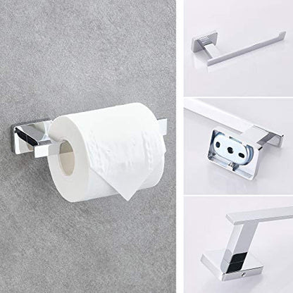4 Piece Bathroom Hardware Accessories Set,Chrome Stainless Steel Towel Bar Sets Wall Mounted - Includes 18" Towel Bar, Square Towel Ring, Toilet Paper Holder, Robe Towel Hook - color: Chrome, size: 18 inches