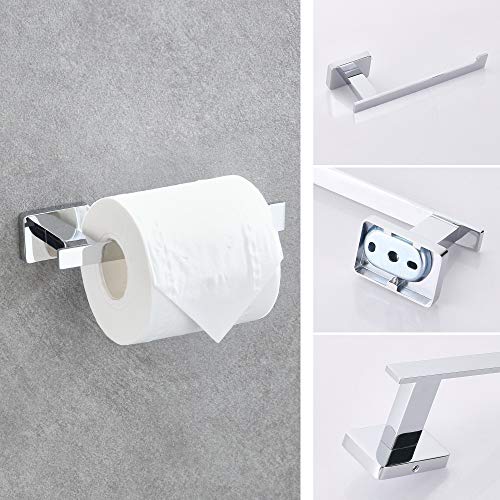 4 Piece Bathroom Hardware Accessories Set,Chrome Stainless Steel Towel Bar Sets Wall Mounted - Includes 16" Towel Bar, Square Towel Ring, Toilet Paper Holder, Robe Towel Hook - color: Chrome, size: 16 inches