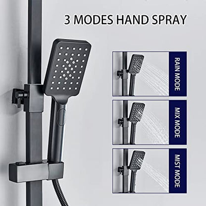 Shower System Matte Black Bathroom Thermostatic Shower Faucet Set with Tub Spout,Shower Head,3 Functions Hand Sprayer,Bidet and Shelf Rain Outdoor Shower Fixtures Kit Wall Mounted