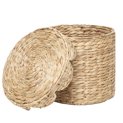Small Round Water hyacinth Wicker Laundry hamper basket with lid | Eco-friendly,Handwoven,Natural Storage for Toys,Blankets,Dirty Clothes - Bedroom & Bathroom - size: Small