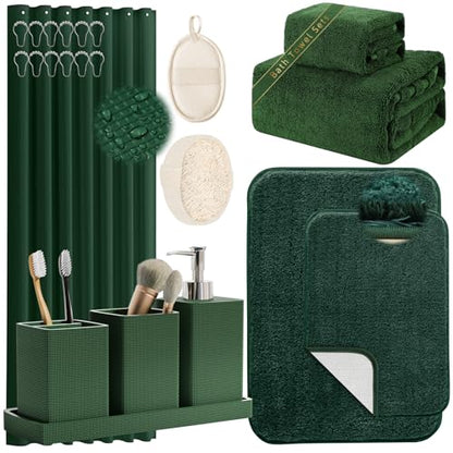 Green Bathroom Set, Dark Green Bathroom Accessories Set with Shower Curtain and Rugs, Bath Towel Sets, Natural Loofah Sponge, Soap Dispenser, Toothbrush Holder, Bathroom Tumbler and Tray for Bathroom - size: Bath Set+Shower Curtain+Rugs+Towel Set+2PCS Loo