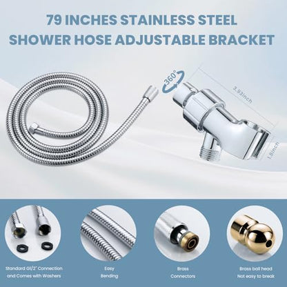 Handheld Shower Head with 79inch Extra Long Hose,ON OFF Switch. | 8 Spray Settings High Pressure Detachable Showerhead,Built-in Power Sprayer to Clean Pets, Adjustable Angle Bracket,Silver