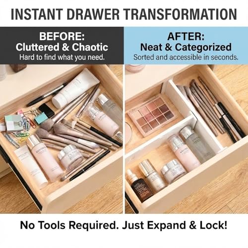 Adjustable Drawer Dividers, 3.1" High, 10.8-17.9", 6 Pack | Expandable organizer with non-slip locking mechanism & foam pads. Fits baby nursery, bathroom vanity & desk drawers.