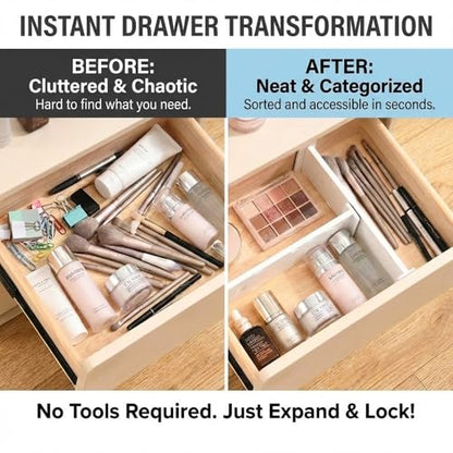 Adjustable Drawer Dividers, 3.1" High, 10.8-17.9", 6 Pack | Expandable organizer with non-slip locking mechanism & foam pads. Fits baby nursery, bathroom vanity & desk drawers.