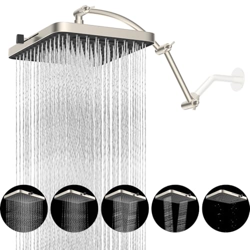 Hibbent Rain Shower Head, 13'' High Pressure Rainfall 5 Spray Mode Showerhead with 16" Shower Head Extension Arm, Brass Adjustable Shower Arm Extender, Waterfall fixed Showerheads, Brushed Nickel - color: Brushed Nickel, style: Square 13'' with Arm