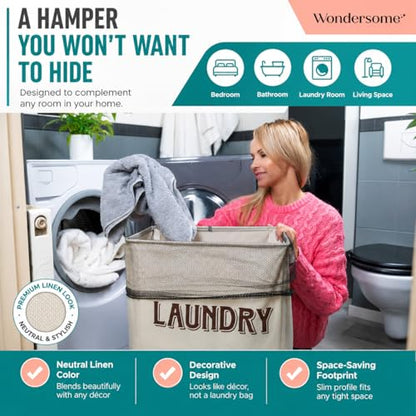 Wondersome Laundry Hamper with Wheels - Farmhouse Cream - 90-Liter Extra Large Collapsible Rolling Clothes Cart - Heavy Duty Locking Metal Wheel Tall Rectangular Canvas Storage Basket - US-Based Brand