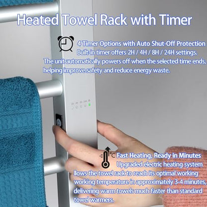Heated Towel Rack with Timer, 8-Bar Electric Towel Warmer for Bathroom, Fast Heating Towel Dryer Freestanding or Wall Mount, Auto Shut-Off, Space-Saving Design