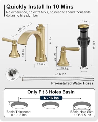 Brass Bathroom Waterfall Faucet, 4-16 Inch Brushed Gold Bathroom Faucet Widespread Bathroom Sink Faucet, 2 Handles Bathroom Faucets for Sink 3 Hole with Pop Up Drain, Water Hoses - color: Brushed Gold