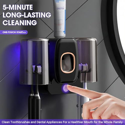 LXIANGN 3 in 1 Toothbrush Cleaner Holders,Rechargeable Wall Mounted Toothbrush Holder Toothpaste Dispenser Automatic 2 Cups Tooth Brush Holder for Bathroom, No Drilling, 4 Slots, Black - color: Black