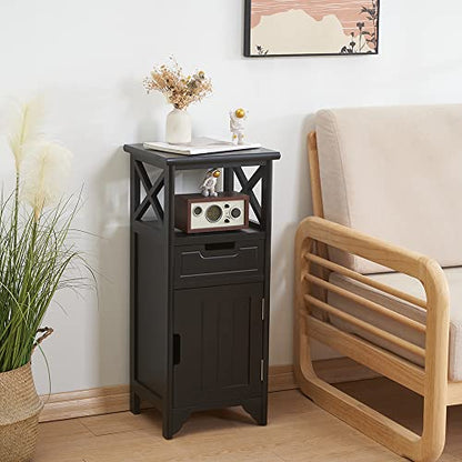 Assembled 30in Height Nightstand, Pre- Assembled Bathroom Floor Cabinet with Shelf and Storage Drawer, Black Tall End Table No Assembly Chest for Living Room Bedroom | Solid Wood, 30" Height No Assembly Bathroom Cabinet, Pre-Assembled Side Table & End Tab