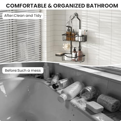 Shower Caddy Hanging 2-Tier Shower Organizer for Tall Showerhead,Rustproof Over Shower Head Rack,No Drill Bathroom Shower Caddy with Soap Dish,Toothbrush Holder and Hooks, Black - color: Upgraded Black