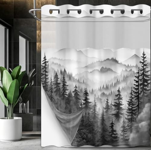 Black Forest Mens Hookless Shower Curtain with Liner, 71x80 in, Extra Long | No Hook, Snap in Liner, Nature Mountain Bathroom Decor, Waterproof Polyester, See Through Top, XL Tall Floor to Ceiling - color: Black, size: 71"W x 80"L (Pack of 1)