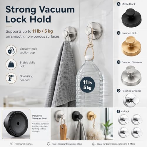 Suction Cup Hooks Removable Shower Hooks, 4Pcs Chrome Metal Towel Hooks for Bathroom Window Glass Wall Door Can Hang Various Towels Bath Keychains, Front Door Wreath Hanger, No-Drill Waterproof ﻿ - color: Chrome