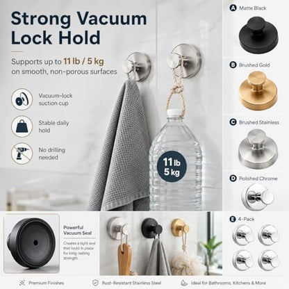 Suction Cup Hooks Removable Shower Hooks, 4Pcs Chrome Metal Towel Hooks for Bathroom Window Glass Wall Door Can Hang Various Towels Bath Keychains, Front Door Wreath Hanger, No-Drill Waterproof ﻿ - color: Chrome